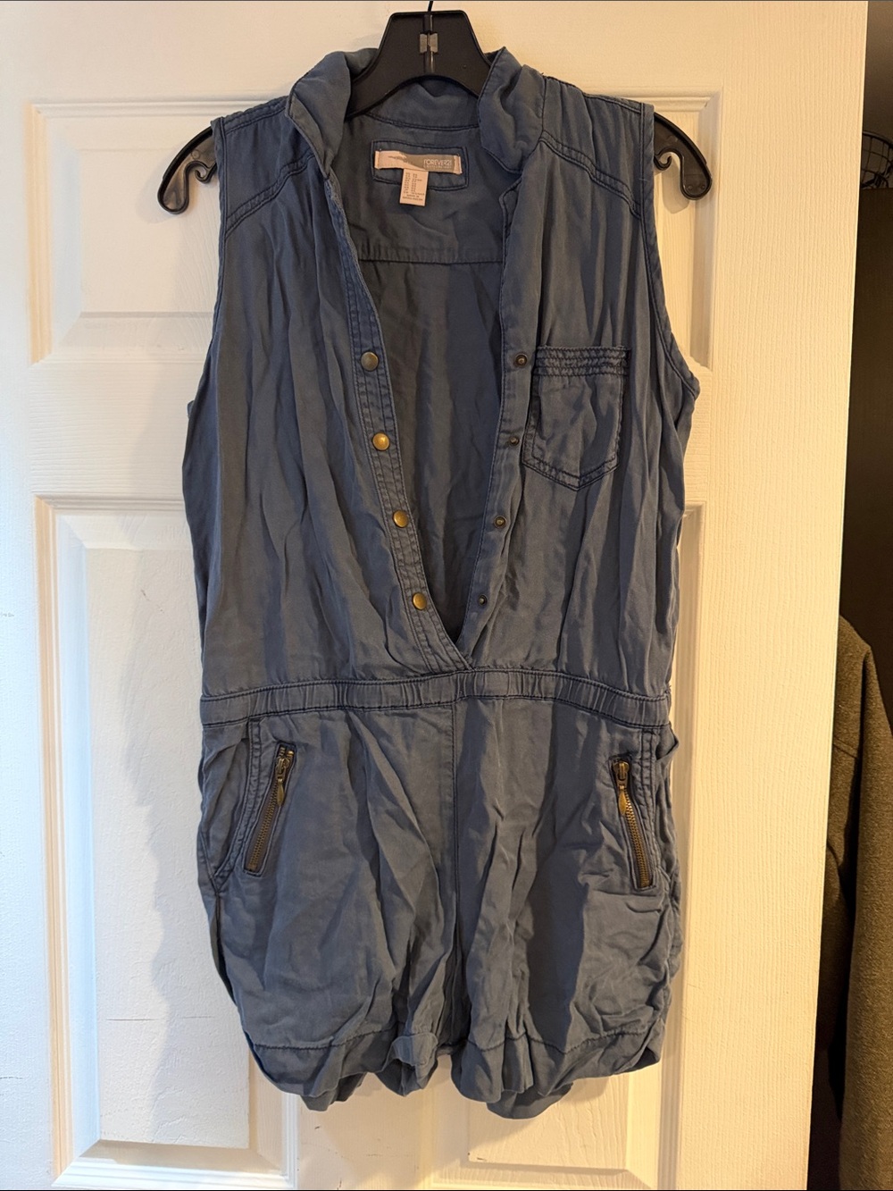 Forever 21 Washed Blue Sleeveless Romper with Zip Pockets
